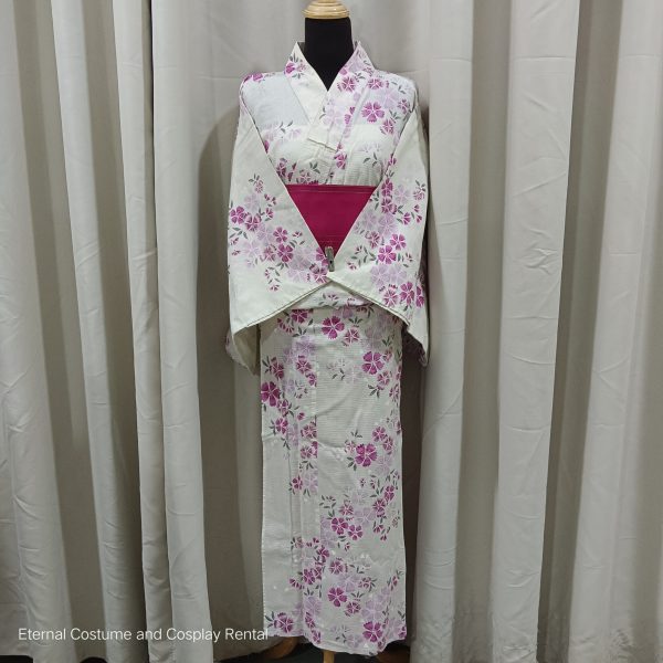 Japanese Traditional Yukata Female Beige Cream Base with Pink Sakura Printing for Rent
