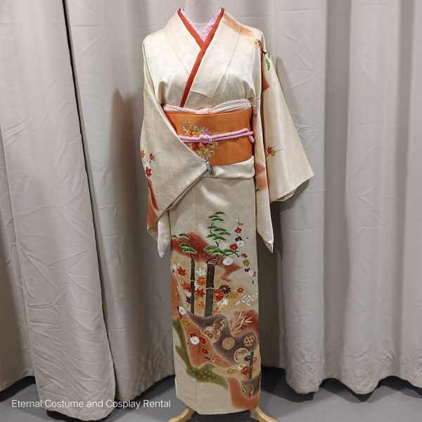 JAPANESE Traditional Kimono Houmongi Female Yellow Free Size for Rent